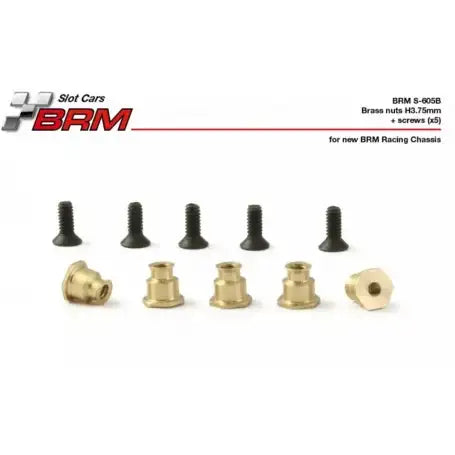 BRM S-605B - Slot Car Brass Float Control Nuts & Screws, 3.75mm (5 Pack)