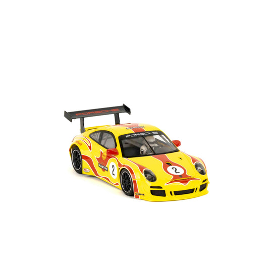 NSR 0637AW Porsche 997 GT3 #2 Yellow Hippie Psychedelic Livery – 1/32 Anglewinder Slot Car